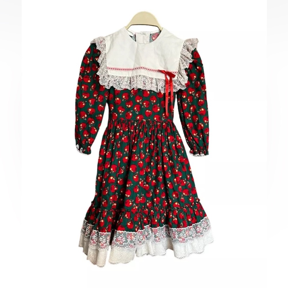 Vintage Girls Green Red Apple Fruit Lace Ruffle Back To School Dress